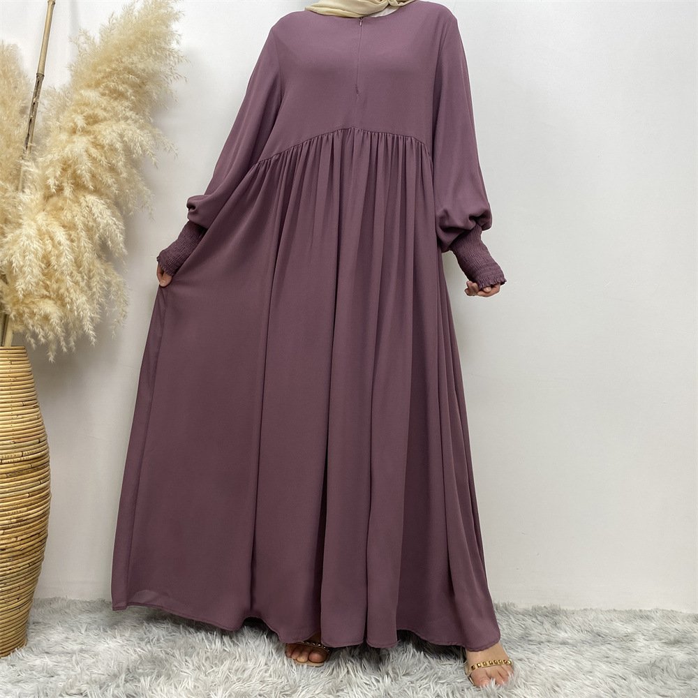Muslim Simple Solid Color Pleated Elastic Chiffon Dress - Image 7