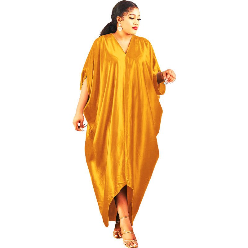 Plus Size Muslim Women's Solid Color V Neck Dress - Image 3