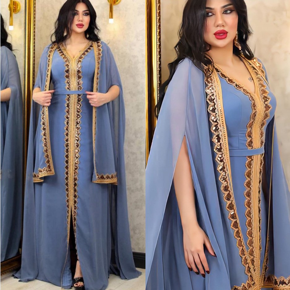 Middle East Muslim Women's Wear Sequined Gown Suit Dress Cape Robe - Image 4