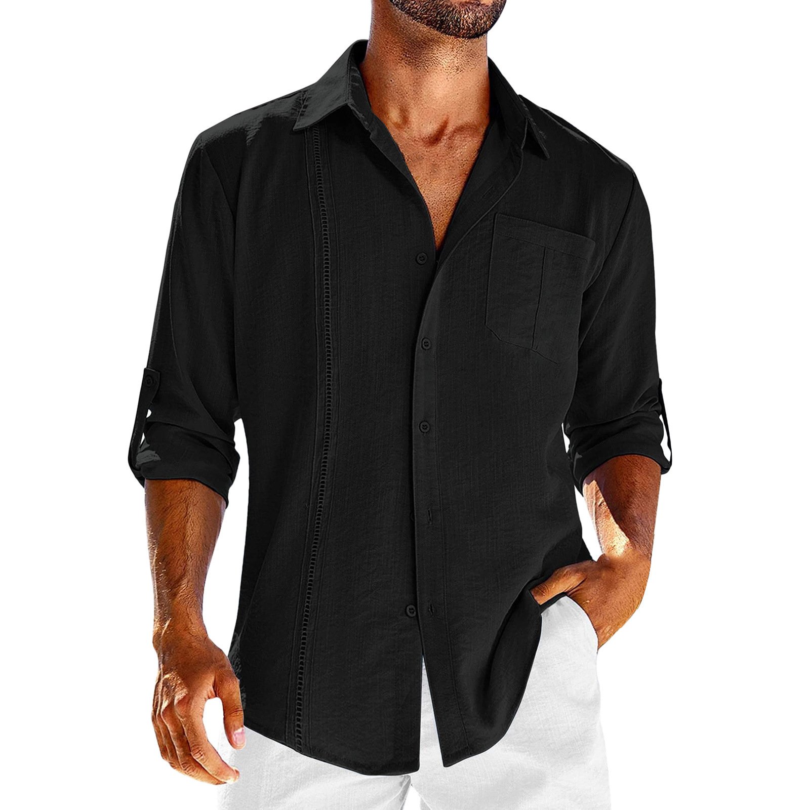 Casual Long Sleeve Shirt With Pocket Lace Polo Collar Solid Color Button Mens Clothing - Image 7