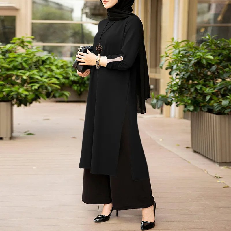 New Muslim Dubai Robe Pure Color Split Dress - Image 4