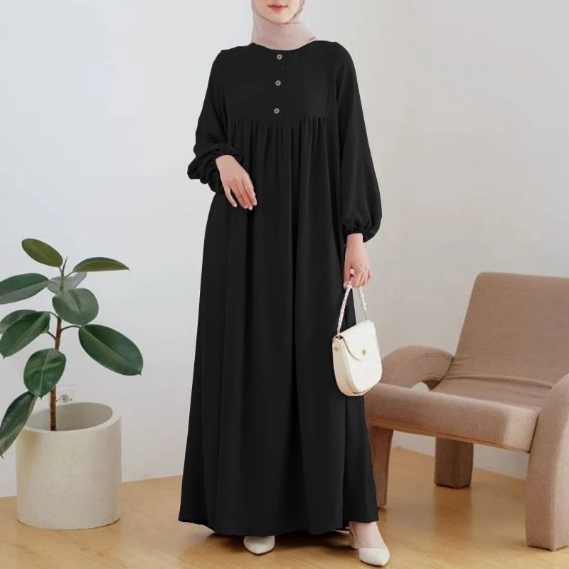 Muslim Robe Casual Lantern Sleeve Simple Solid Color Dress - Image 7