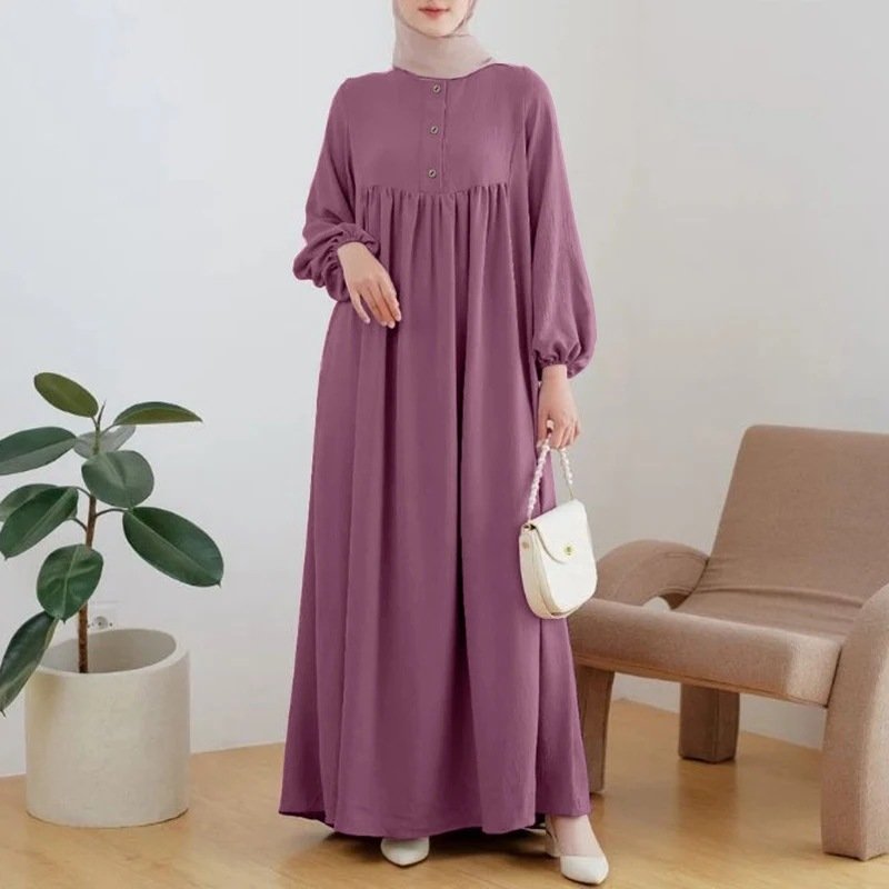 Muslim Robe Casual Lantern Sleeve Simple Solid Color Dress - Image 8