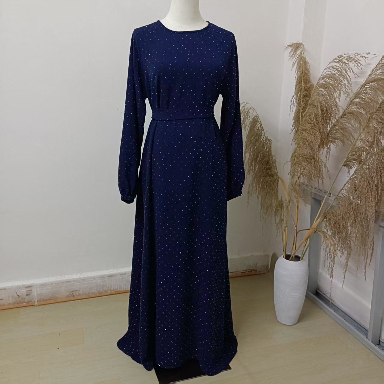 Muslim Rhinestone Dubai Round Neck Pullover Belt Dress - Image 2