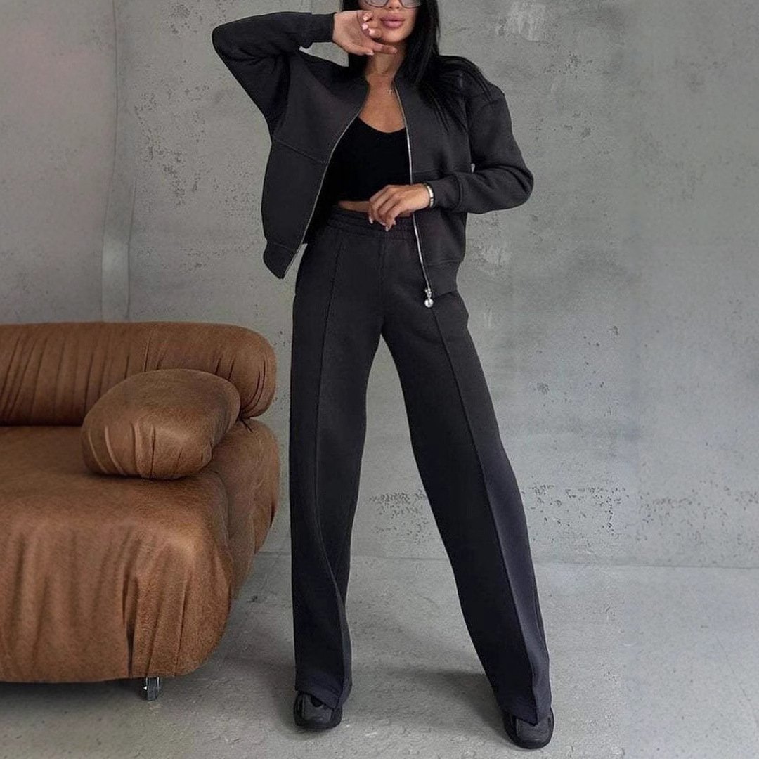 Women's Sports Suits Zipper Jacket And Wide Leg Pants Two-piece Set - Image 2