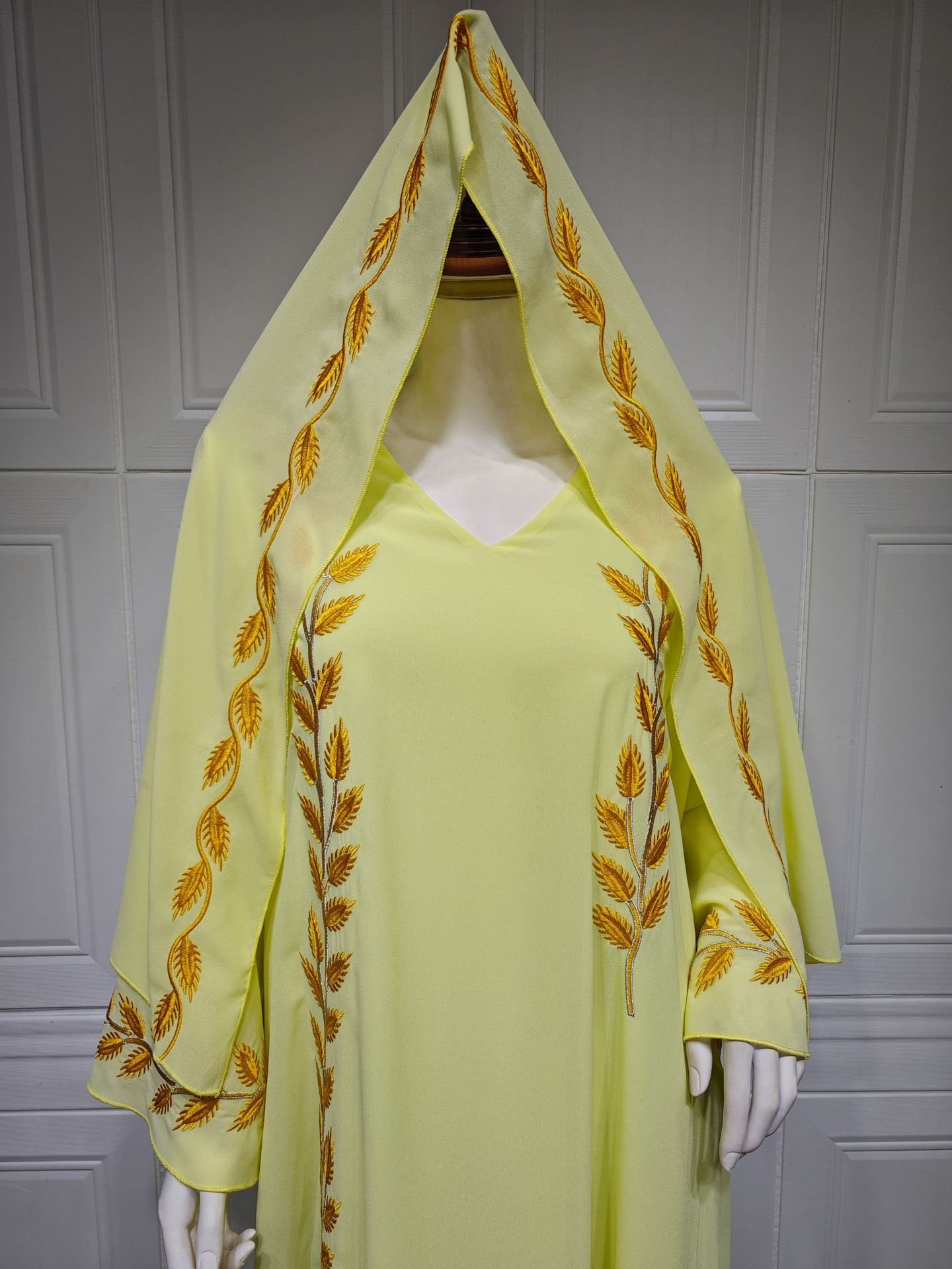 Chiffon Long Muslim Embroidered Crew Neck Dress With Headscarf - Image 8