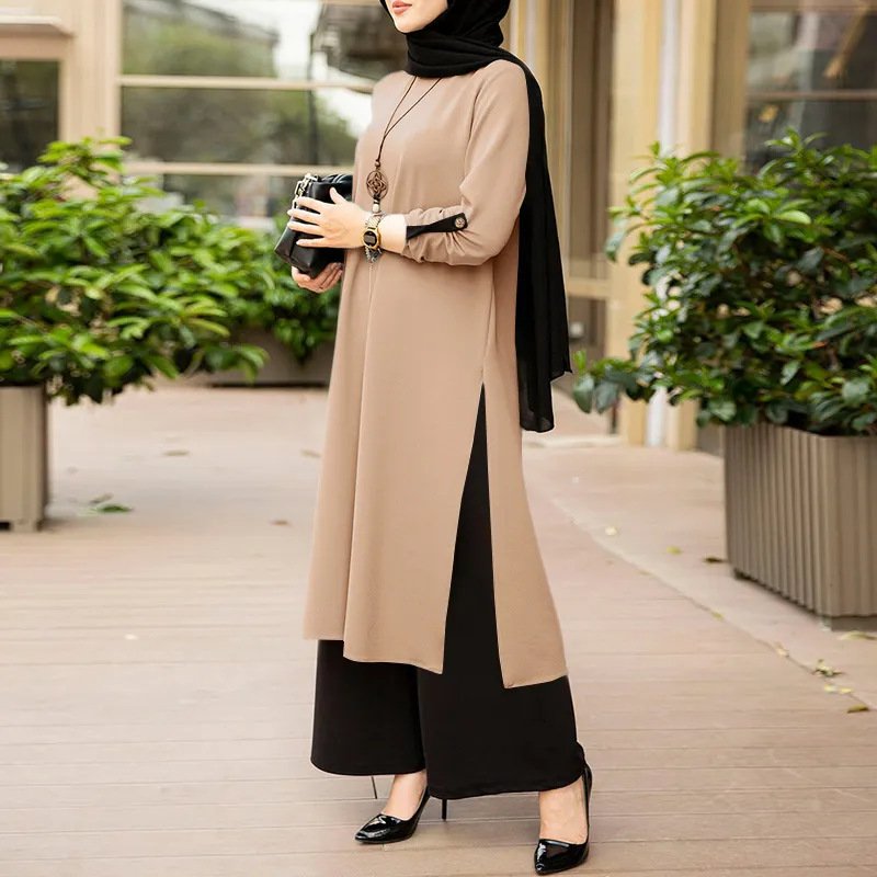 New Muslim Dubai Robe Pure Color Split Dress - Image 2