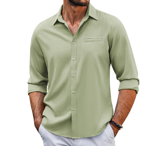 Casual Long Sleeve Shirt With Pocket Lace Polo Collar Solid Color Button Mens Clothing - Image 9