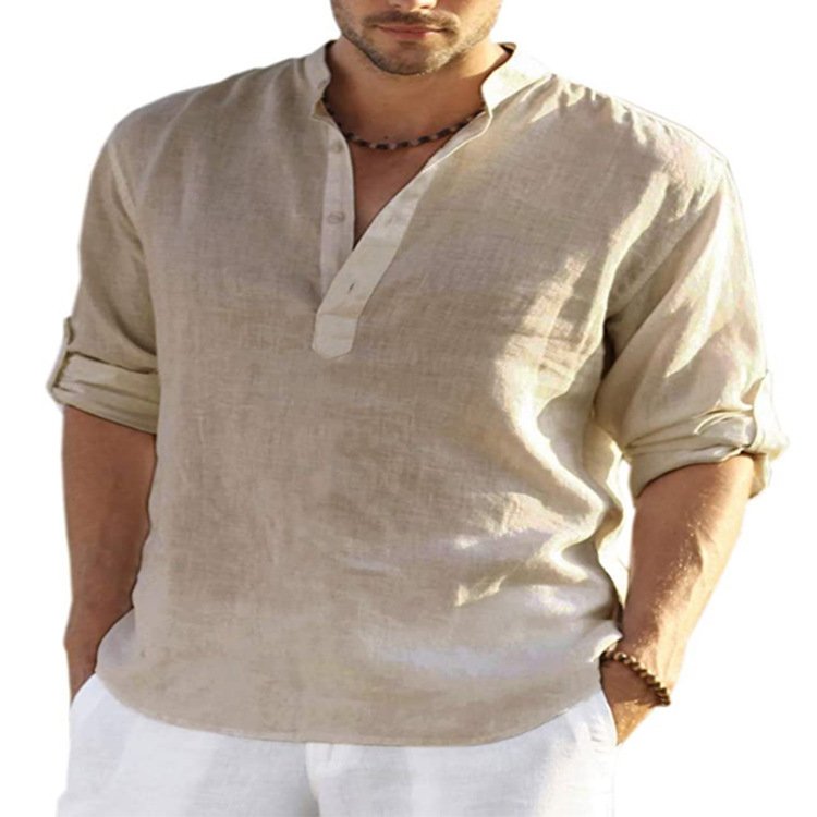 Men's Casual Cotton Linen Solid Color Long Sleeve Shirt Loose Stand Collar - Image 9