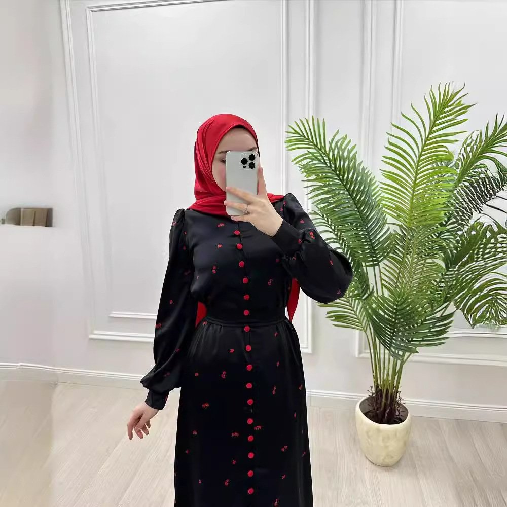 Muslim Style Short Sleeve Print Belt Women's Clothing Dress - Image 4