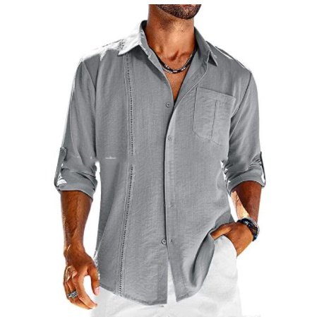 Casual Long Sleeve Shirt With Pocket Lace Polo Collar Solid Color Button Mens Clothing - Image 5