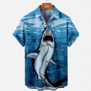 Mens Great White Shark Print Hawaiian Shirt Summer