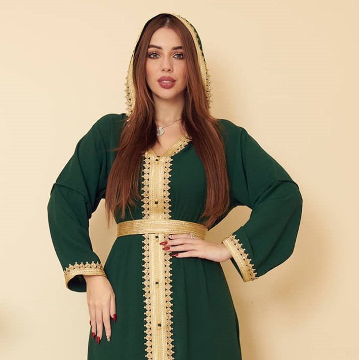 Linen Green Muslim Saudi Arabian Hooded Women's Swing Dress - Image 2