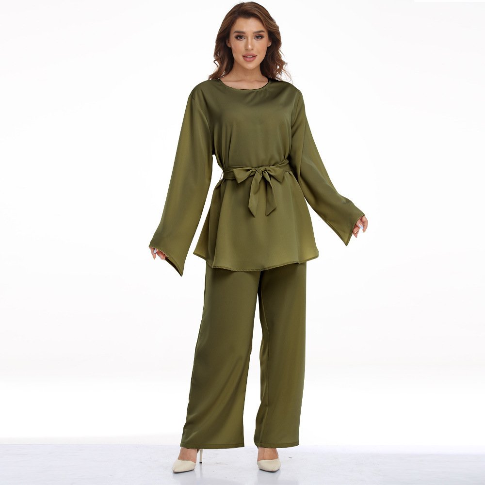 European And American Plus Size Women's Clothes Muslim Robe Lace-up Dress Two-piece Set - Image 4