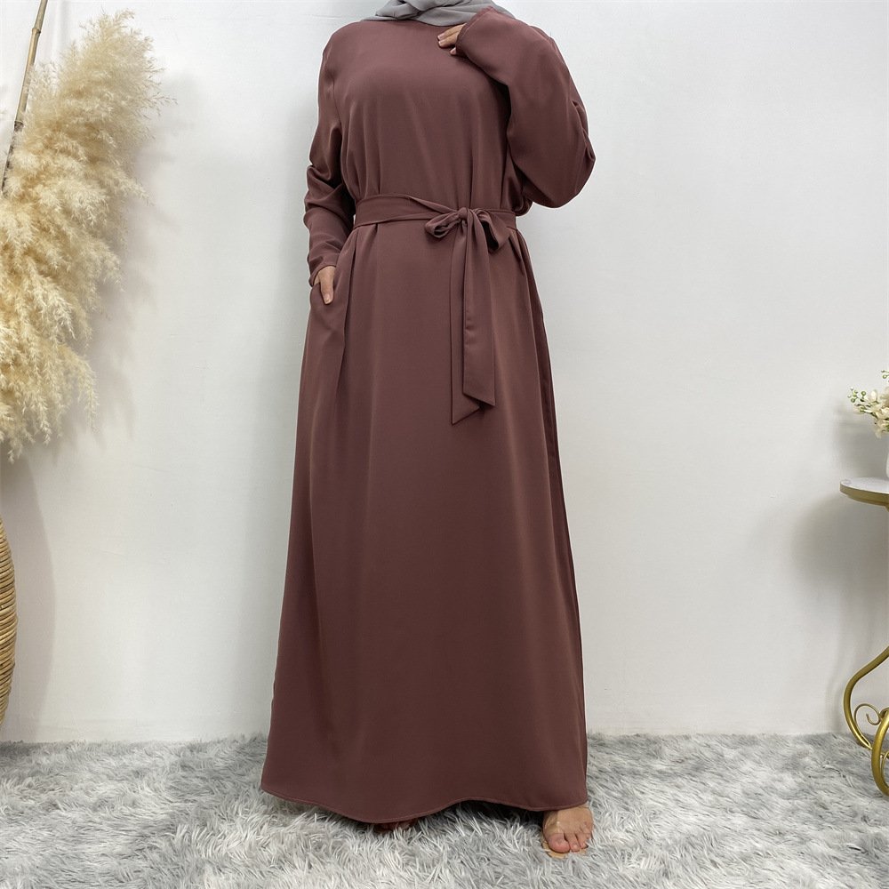 Clear Color Lace Up Muslim Dress With Pockets - Image 10