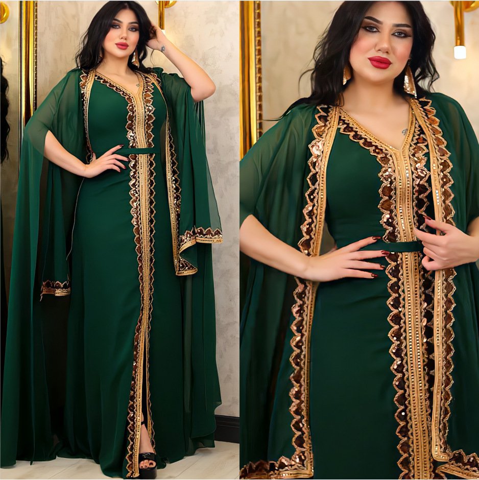 Middle East Muslim Women's Wear Sequined Gown Suit Dress Cape Robe - Image 5
