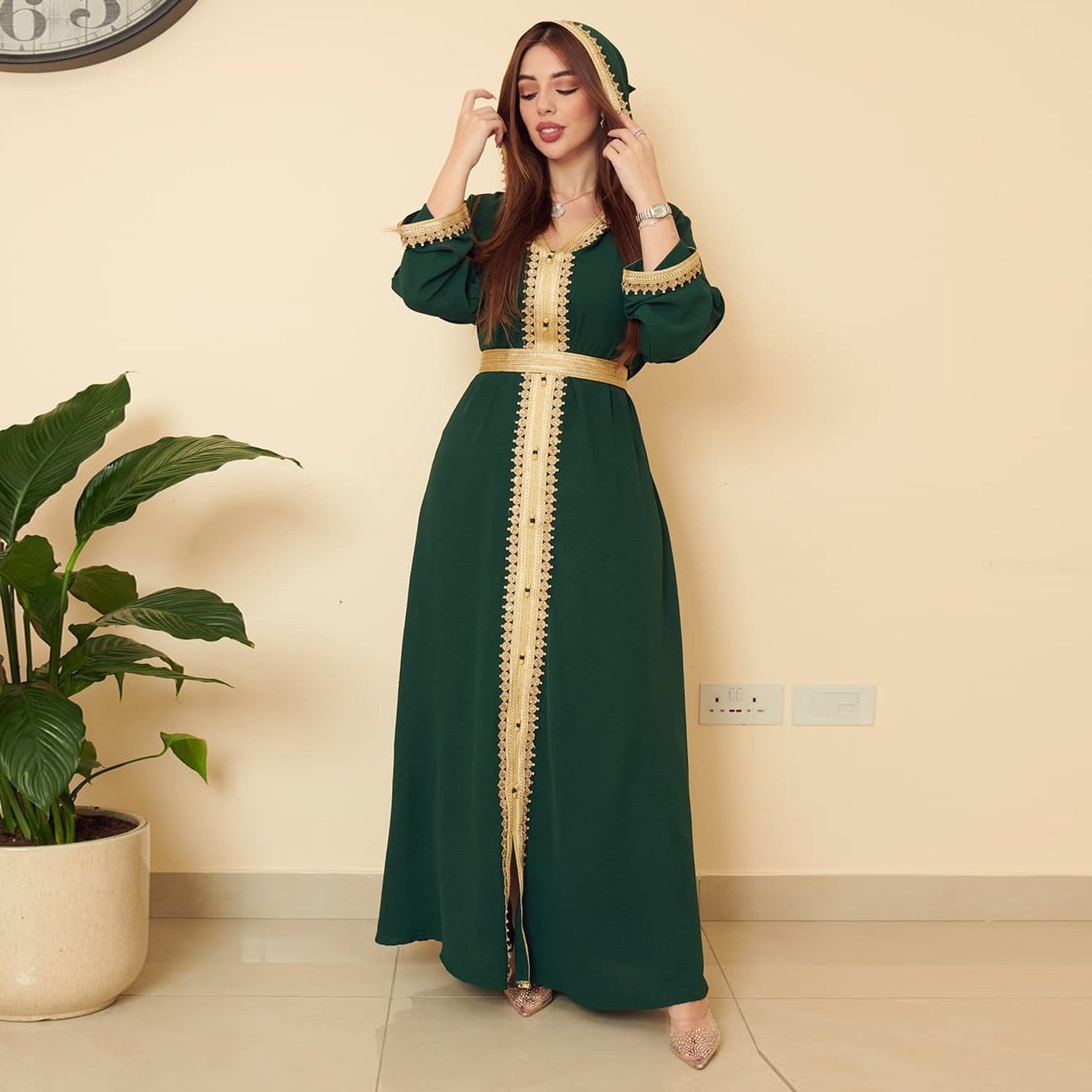 Linen Green Muslim Saudi Arabian Hooded Women's Swing Dress - Image 4