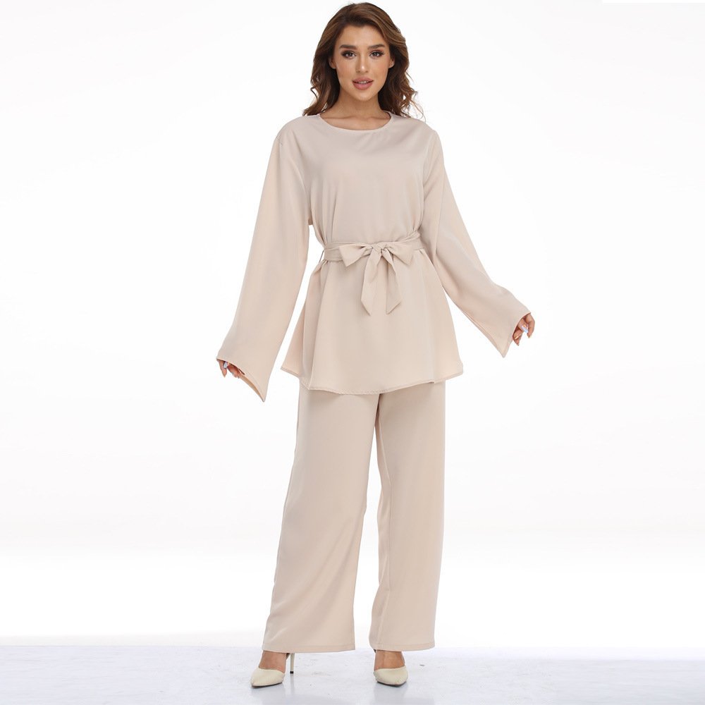 European And American Plus Size Women's Clothes Muslim Robe Lace-up Dress Two-piece Set - Image 2