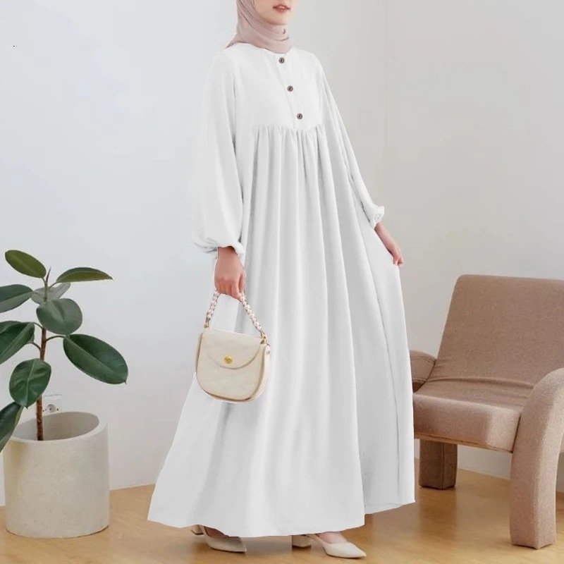 Muslim Robe Casual Lantern Sleeve Simple Solid Color Dress - Image 3
