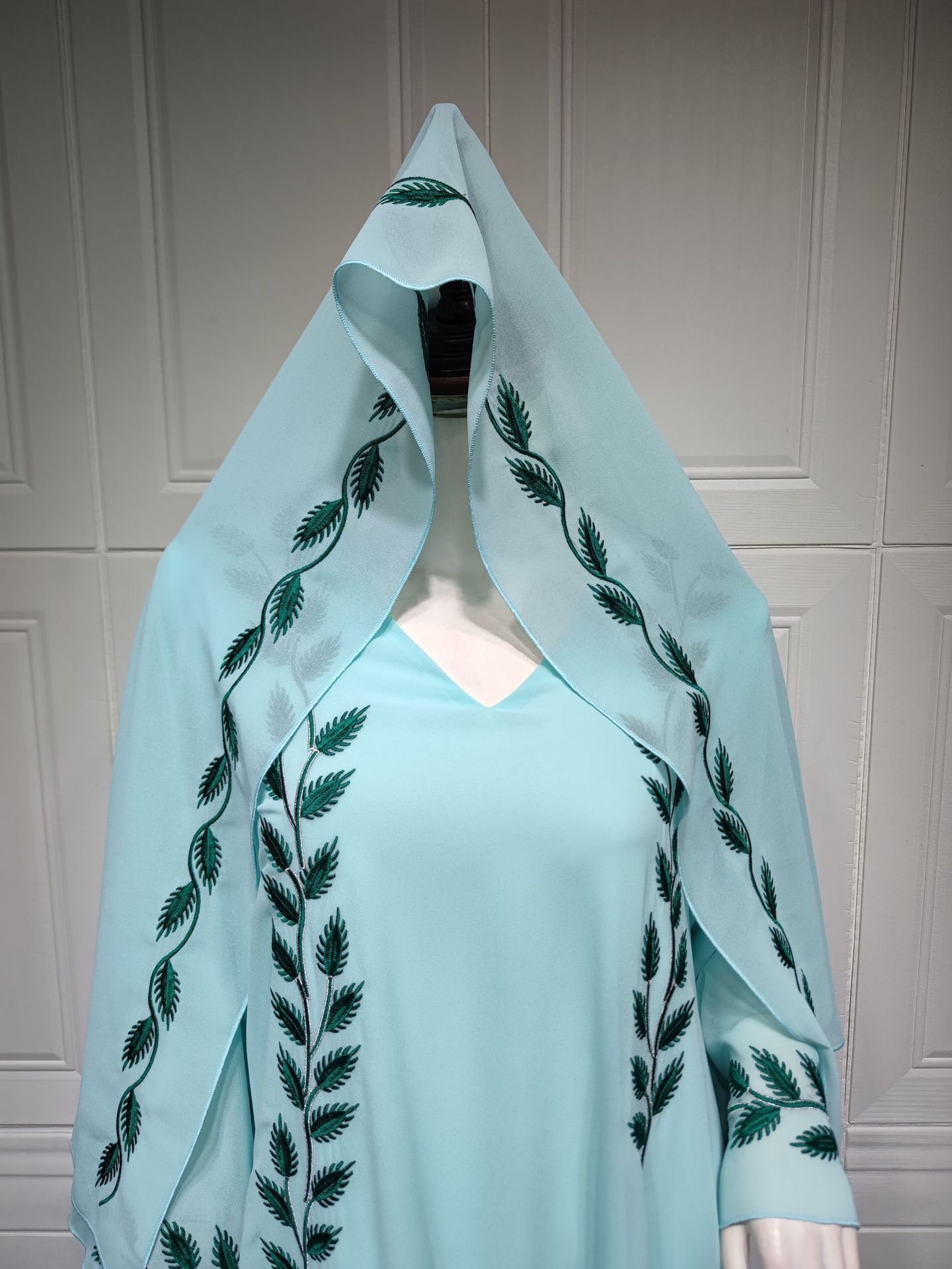 Chiffon Long Muslim Embroidered Crew Neck Dress With Headscarf - Image 7