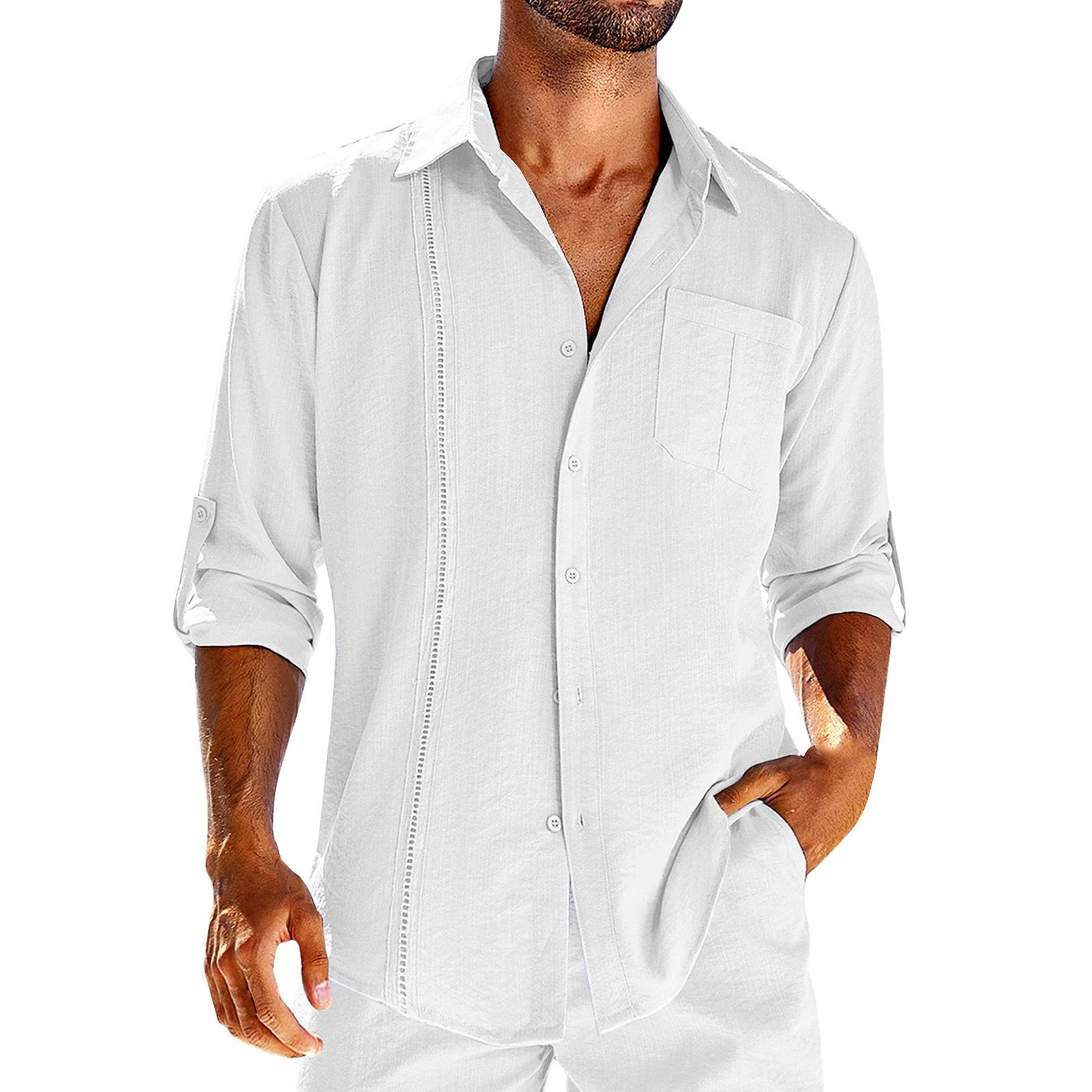 Casual Long Sleeve Shirt With Pocket Lace Polo Collar Solid Color Button Mens Clothing - Image 4