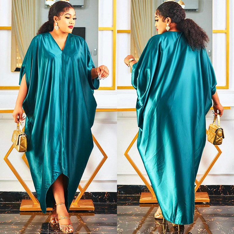 Plus Size Muslim Women's Solid Color V Neck Dress - Image 7