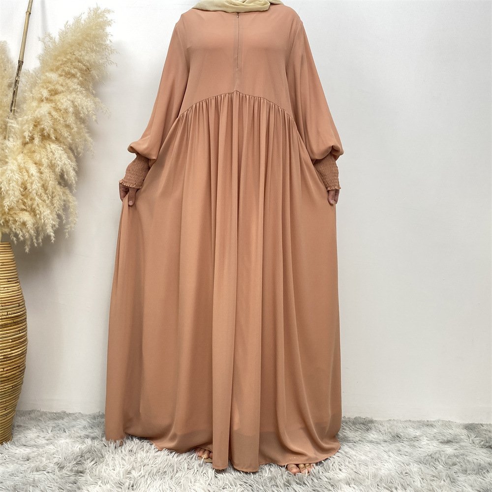 Muslim Simple Solid Color Pleated Elastic Chiffon Dress - Image 6