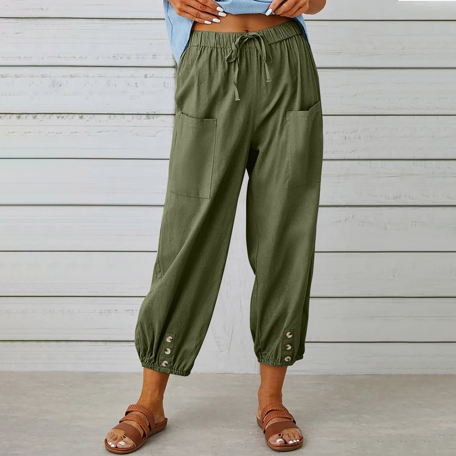 Women Drawstring Tie Pants Spring Summer Cotton And Linen Trousers With Pockets Button - Image 9