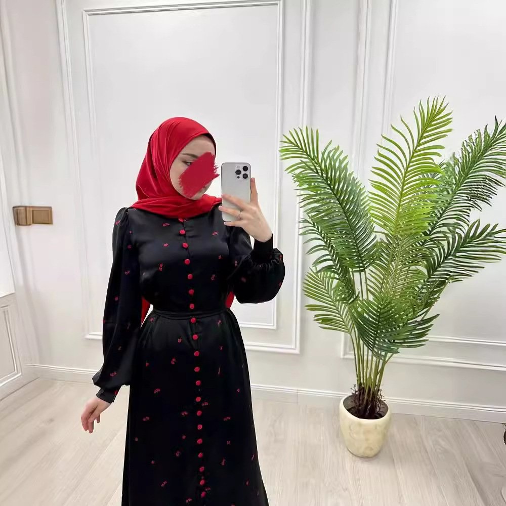 Muslim Style Short Sleeve Print Belt Women's Clothing Dress - Image 3