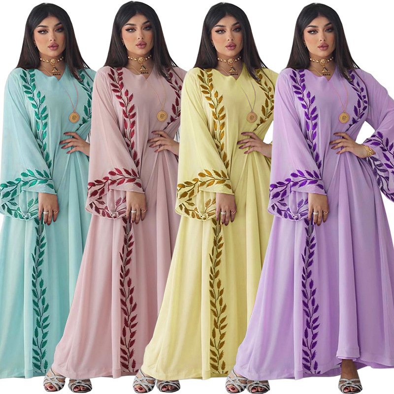 Chiffon Long Muslim Embroidered Crew Neck Dress With Headscarf - Image 2