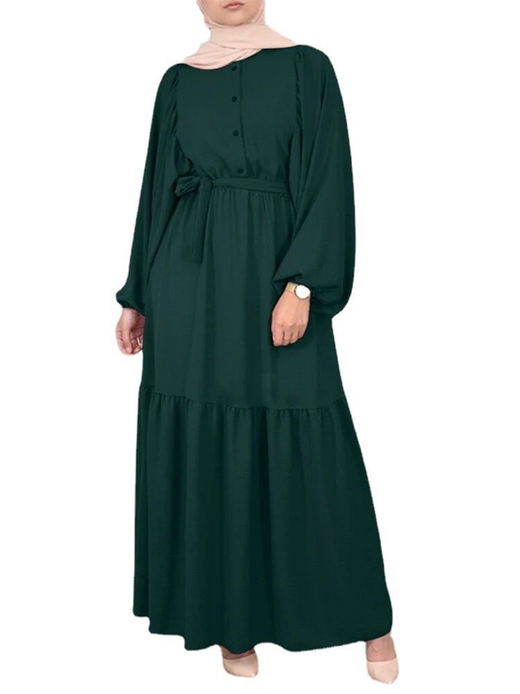Muslim Solid Color Puff Sleeve O-neck Overlong Dress With Belt - Image 3