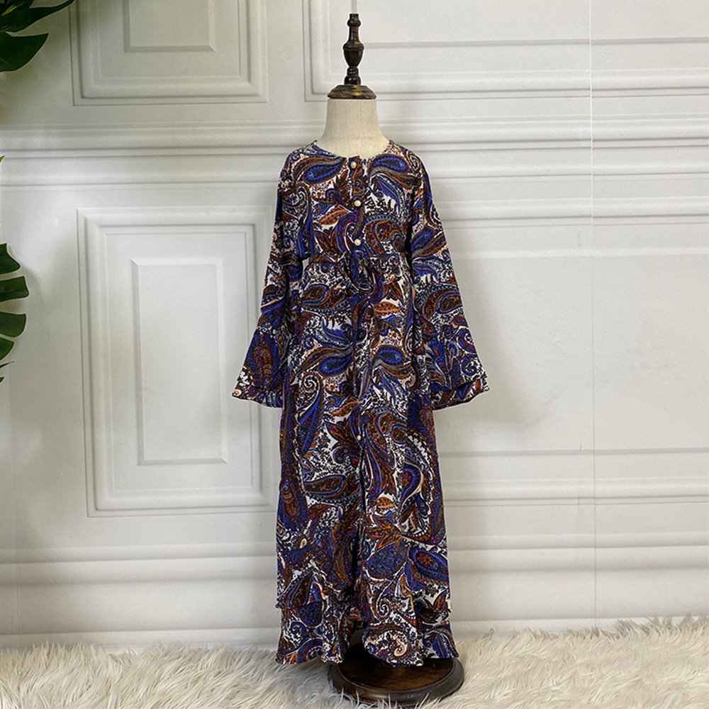 Children Girls Printed Patchwork Long Sleeve Muslim Dress - Image 6