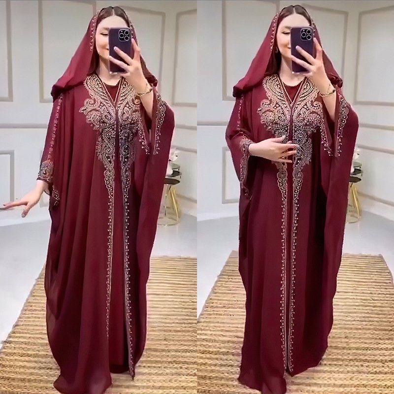 Rhinestone Beaded Muslim Long Gown African Hooded Dress - Image 5