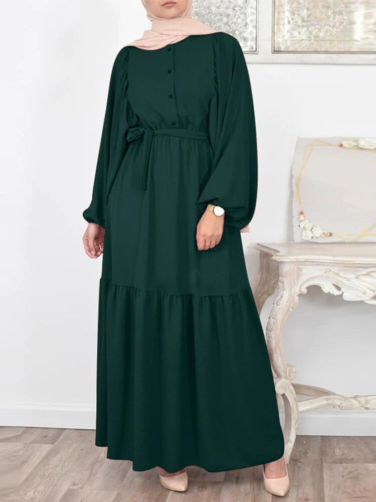 Muslim Solid Color Puff Sleeve O-neck Overlong Dress With Belt - Image 6