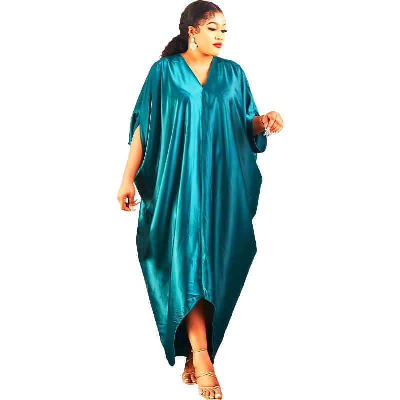 Plus Size Muslim Women's Solid Color V Neck Dress - Image 6