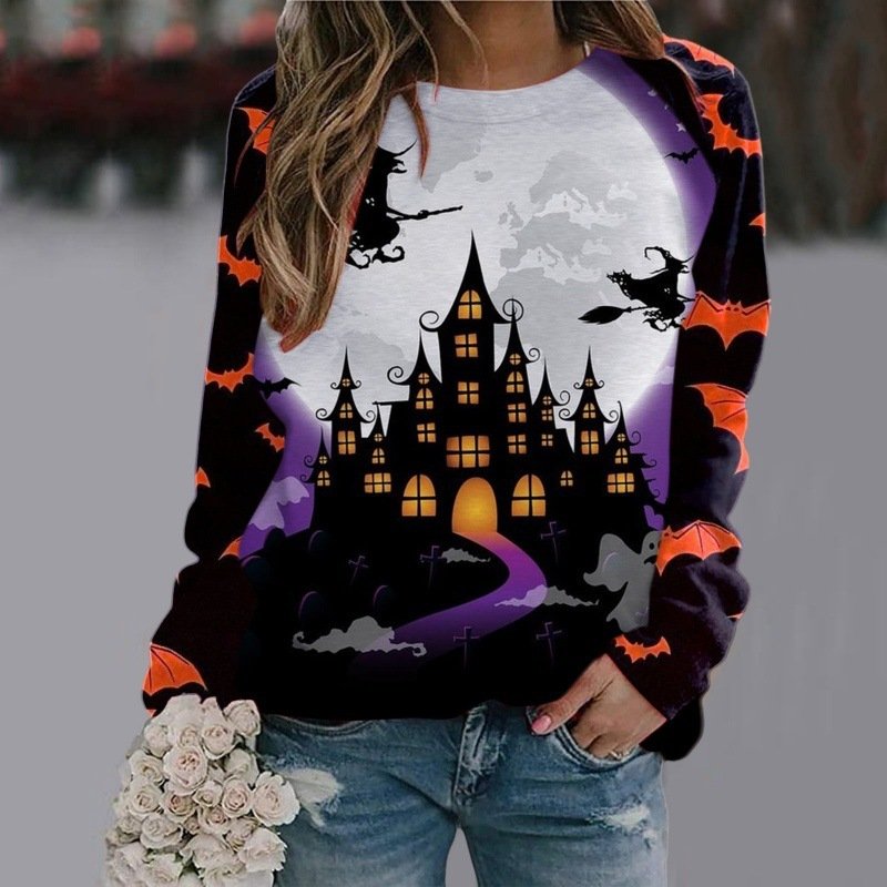 Halloween Cartoon Print Sweatshirt Long Sleeve Pullover Tops Women - Image 6