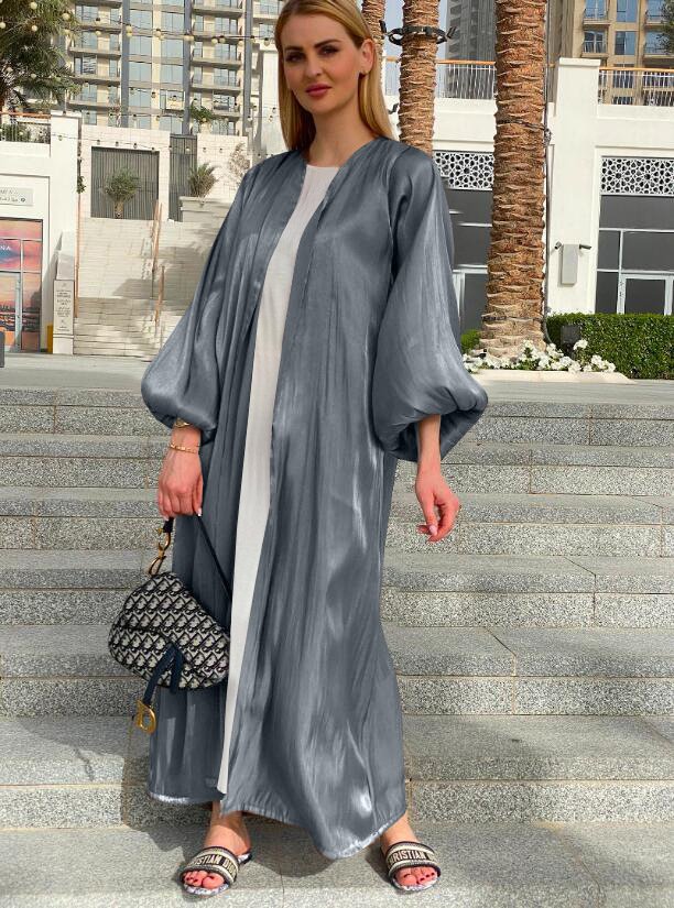 Eid Muslim Abaya Dress Kimono For Women Fashion Shining Silklike Summer Abayas Cardigan Puff Sleeve Dubai Turkey Clothes - Image 3