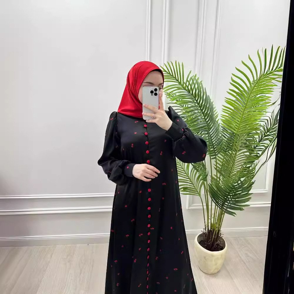 Muslim Style Short Sleeve Print Belt Women's Clothing Dress - Image 2