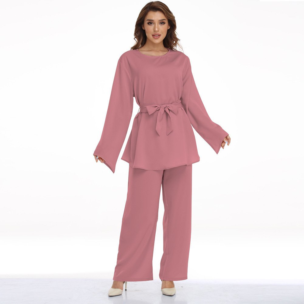 European And American Plus Size Women's Clothes Muslim Robe Lace-up Dress Two-piece Set - Image 5