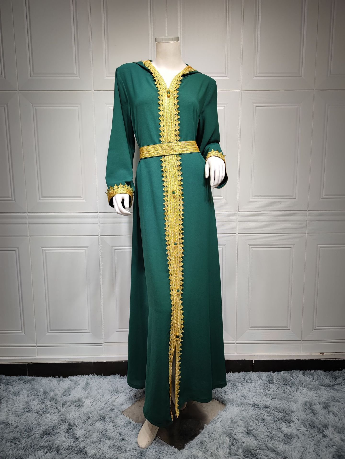 Linen Green Muslim Saudi Arabian Hooded Women's Swing Dress - Image 5