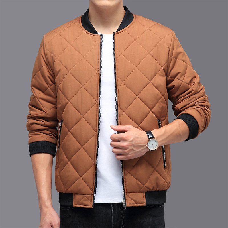 Fashion Rhombic-sewing Design Cotton Coat Winter Warm Thickened Baseball Jacket Casual Solid Color Outwear Clothing For Men - Image 2