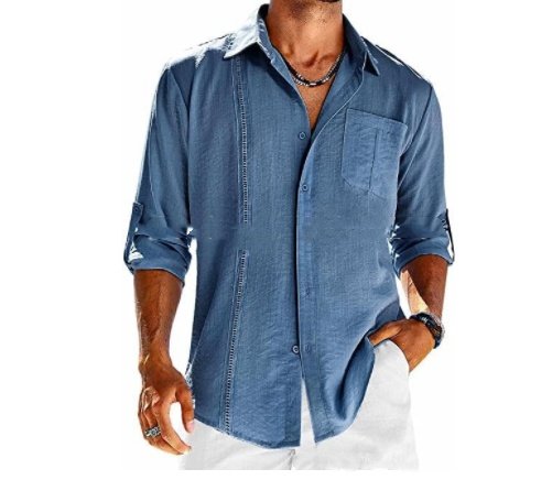 Casual Long Sleeve Shirt With Pocket Lace Polo Collar Solid Color Button Mens Clothing - Image 6