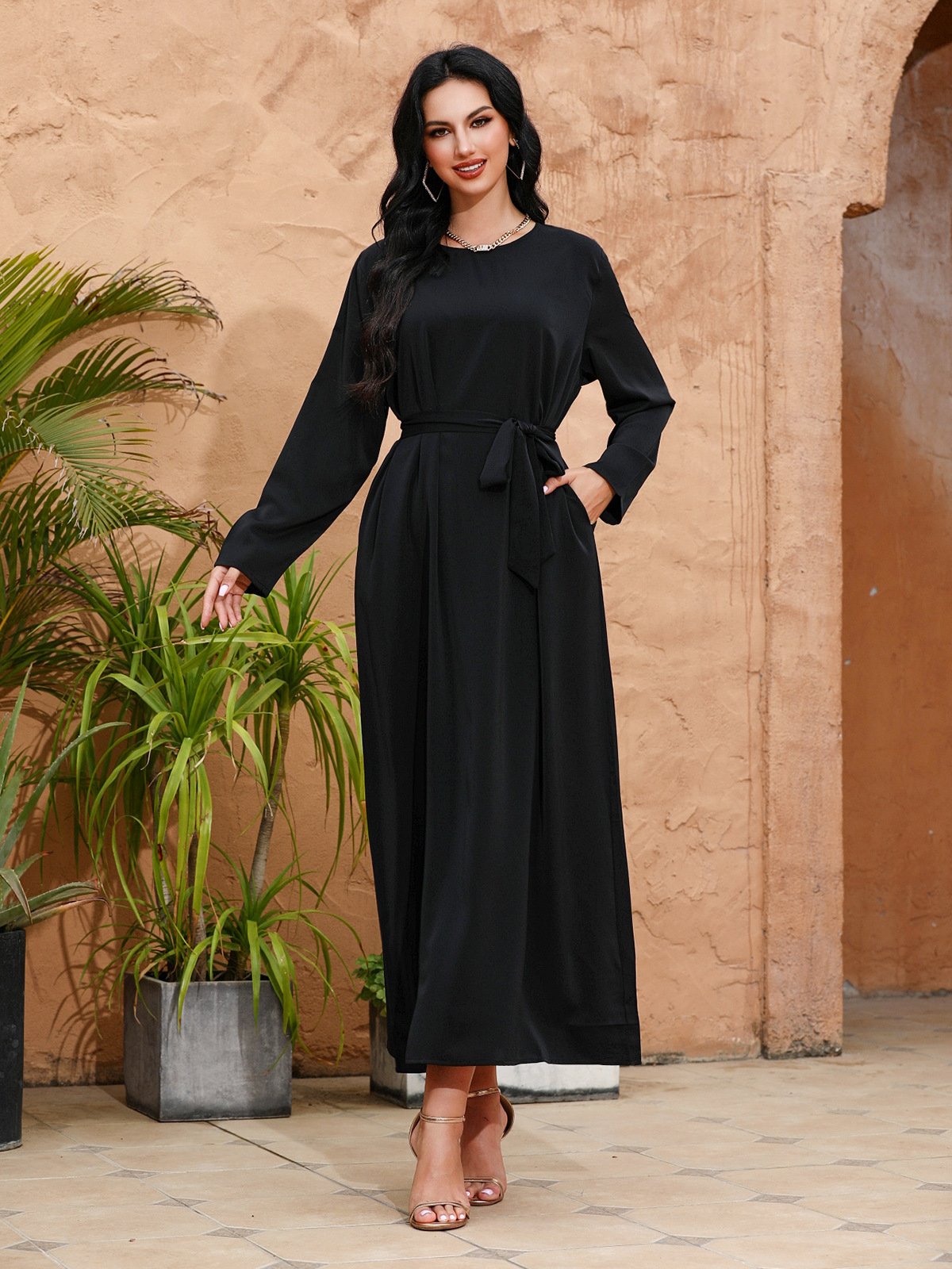 Clear Color Lace Up Muslim Dress With Pockets - Image 9