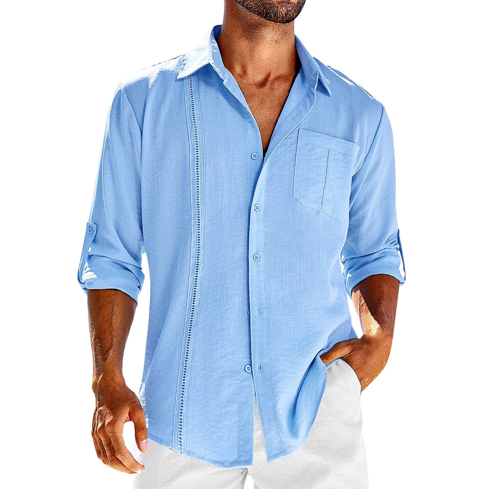 Casual Long Sleeve Shirt With Pocket Lace Polo Collar Solid Color Button Mens Clothing - Image 3