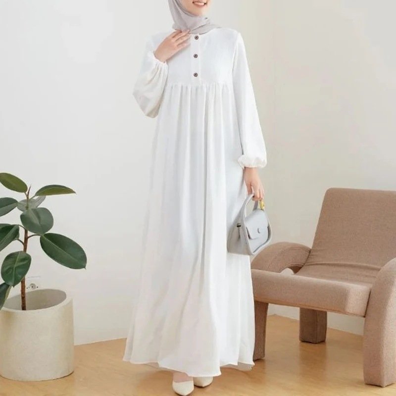 Muslim Robe Casual Lantern Sleeve Simple Solid Color Dress - Image 6