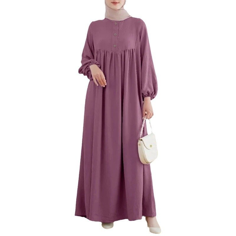 Muslim Robe Casual Lantern Sleeve Simple Solid Color Dress - Image 5