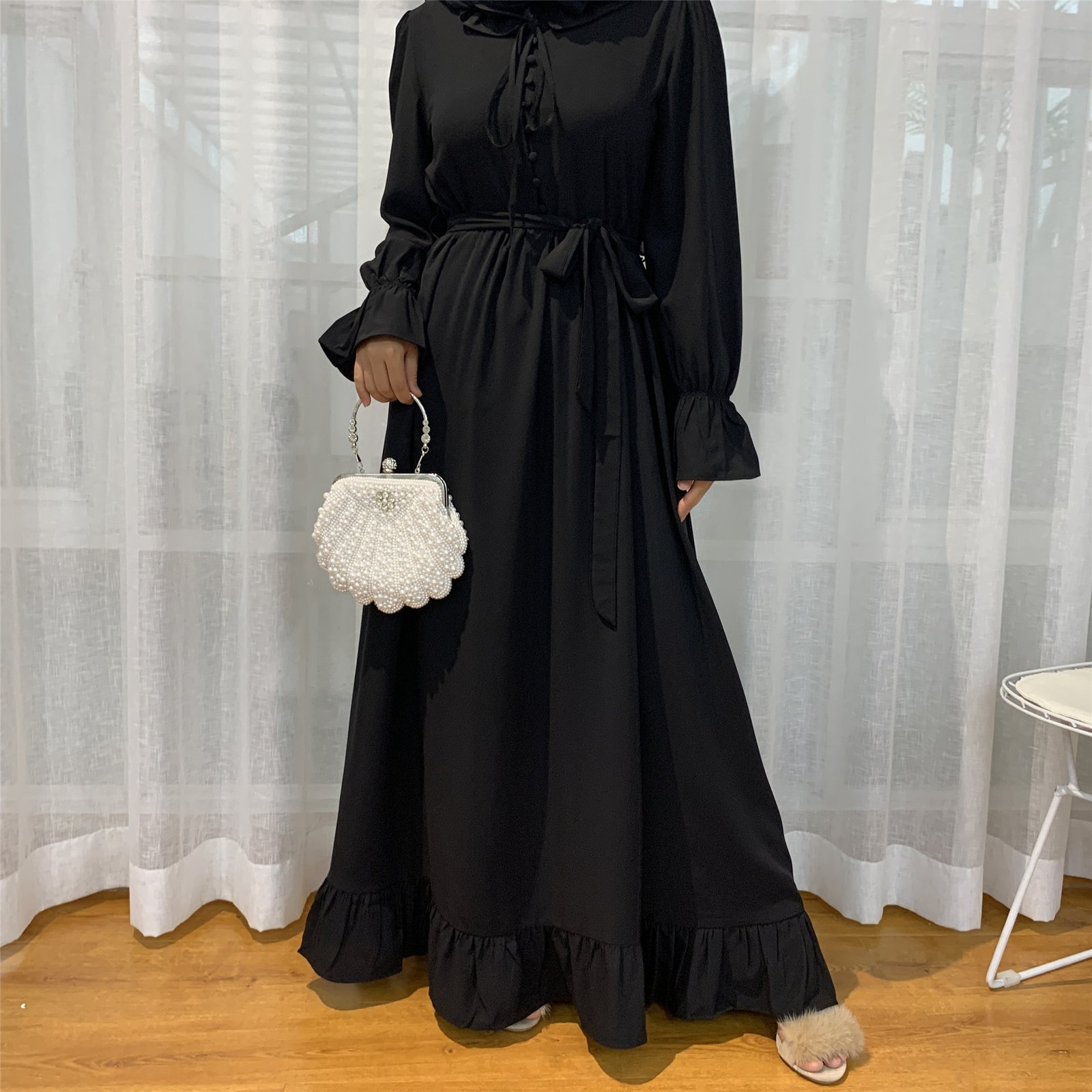 Fashionable Women's Solid Color Patchwork Large Swing Muslim Dress - Image 6