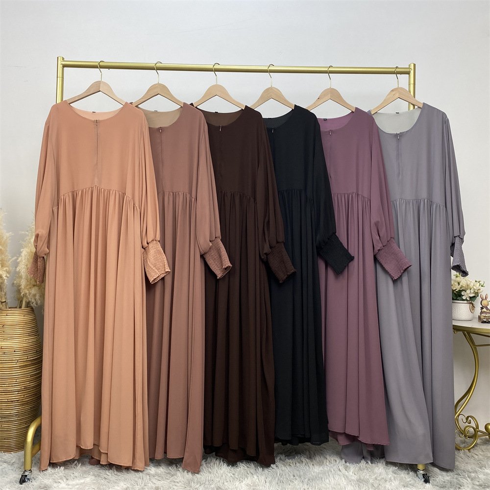 Muslim Simple Solid Color Pleated Elastic Chiffon Dress - Image 2