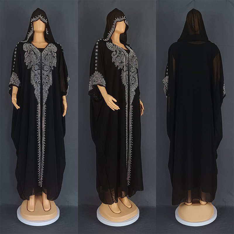 Rhinestone Beaded Muslim Long Gown African Hooded Dress - Image 7