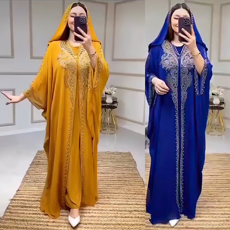 Rhinestone Beaded Muslim Long Gown African Hooded Dress - Image 2